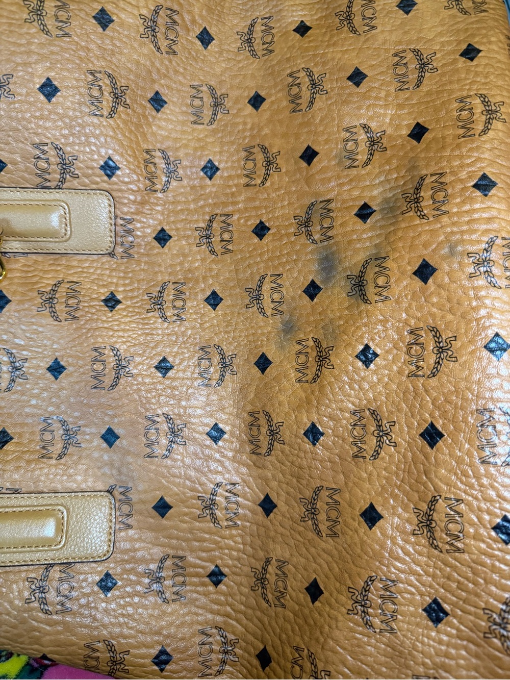MCM Cognac Logo-Print Leather Tote with Black Motif